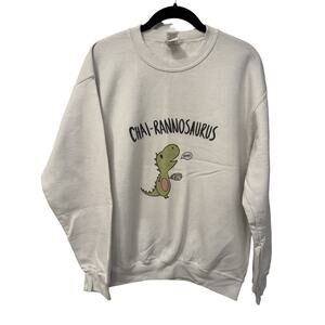 Gildan Sweatshirt Unisex M White Fleece Lined Chai-Rannosaurus Print Long Sleeve
